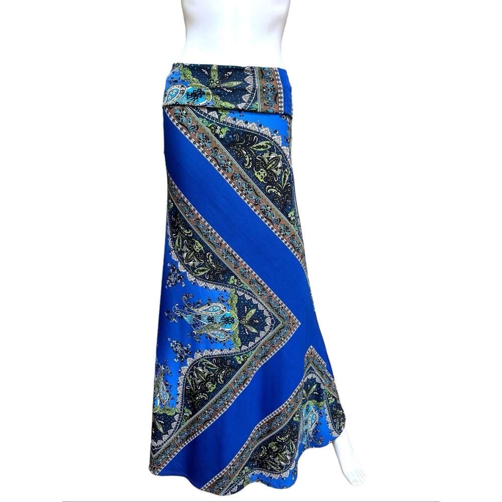 Blue Paisley Print Fold Over Maxi Skirt, XS
